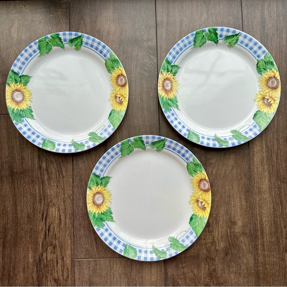 Set of 3 Corelle "Sunsations Sunflower " 10¼" Dinner Plates Blue Gingham - Picture 1 of 6